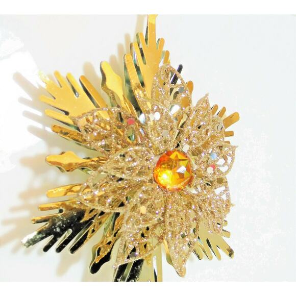 Gold Poinsettia Christmas Tree Ornament Snowflake 5" Metal Rhinestone New - Picture 5 of 5